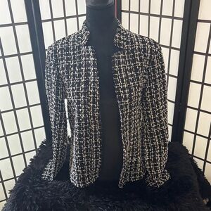 Black & White Tweed Women's Jacket - Classic Open Front Blazer